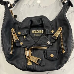 Moschino Milano Black Biker Hobo Bag with Gold Zippers